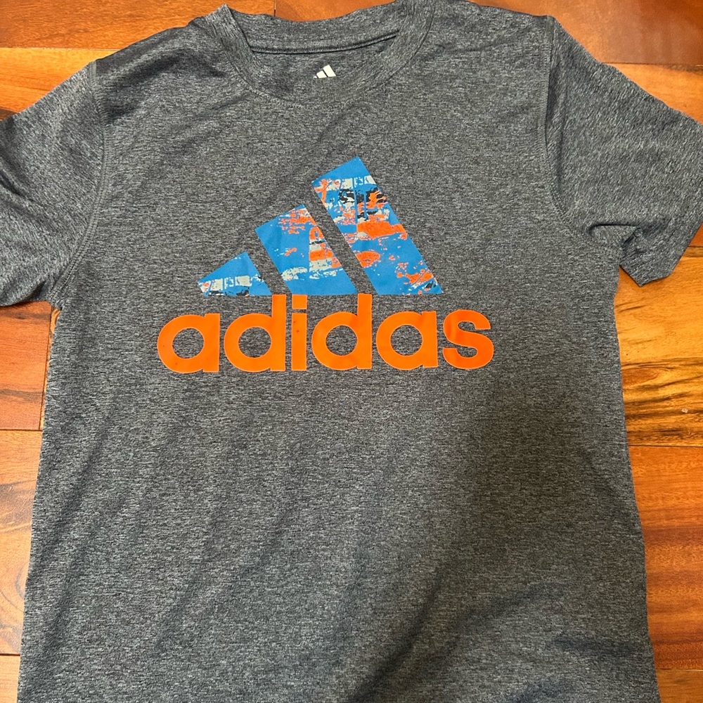 Adidas Kids Charcoal Tee with Vibrant Blue and Orange Logo